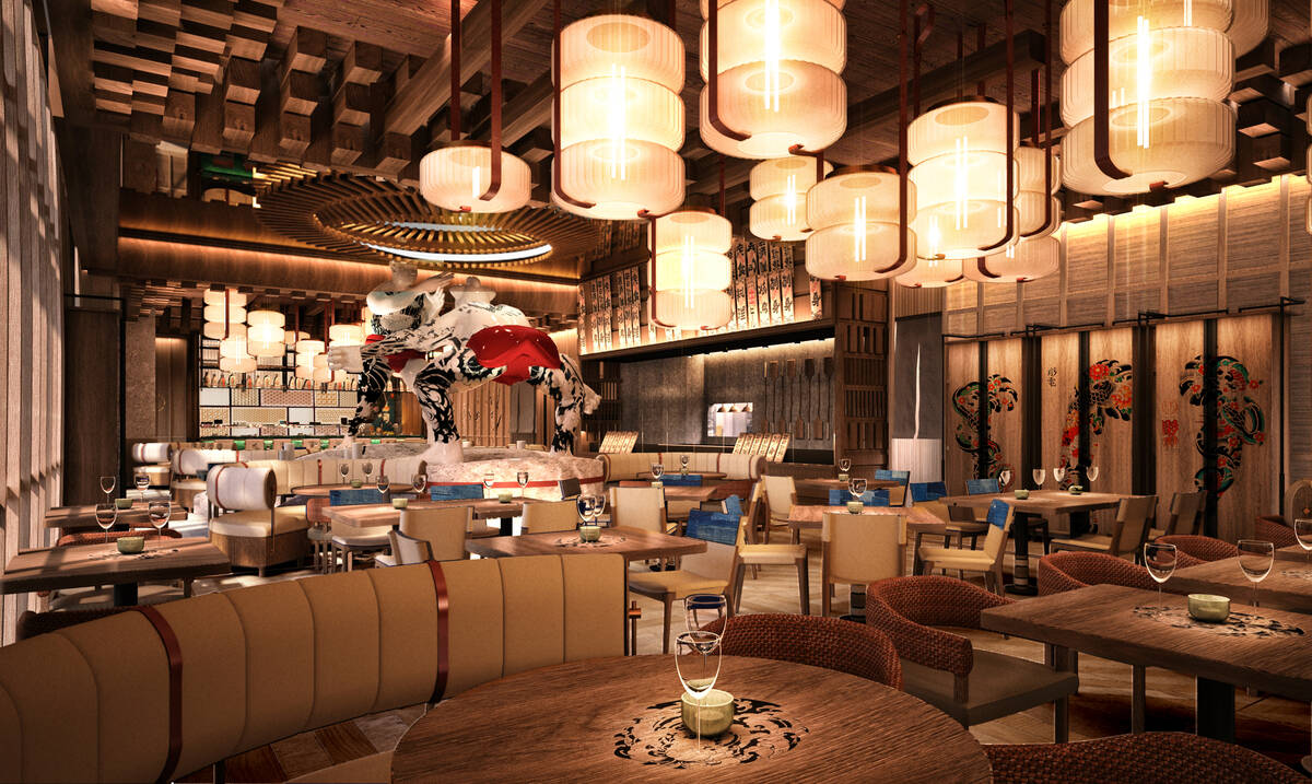 The main dining room, with sculpted sumo wrestlers, at Wakuda, the new Japanese restaurant in T ...