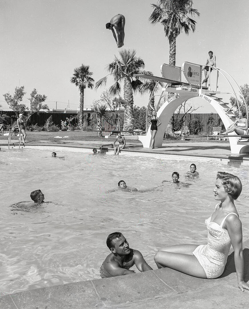 Unidentified swimmers at the pool at the Riviera Hotel on June 18, 1956. (Las Vegas News Bureau)