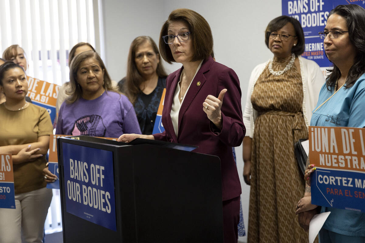 Sen. Catherine Cortez Masto, D-Nev., speaks during a news conference focused on abortion rights ...