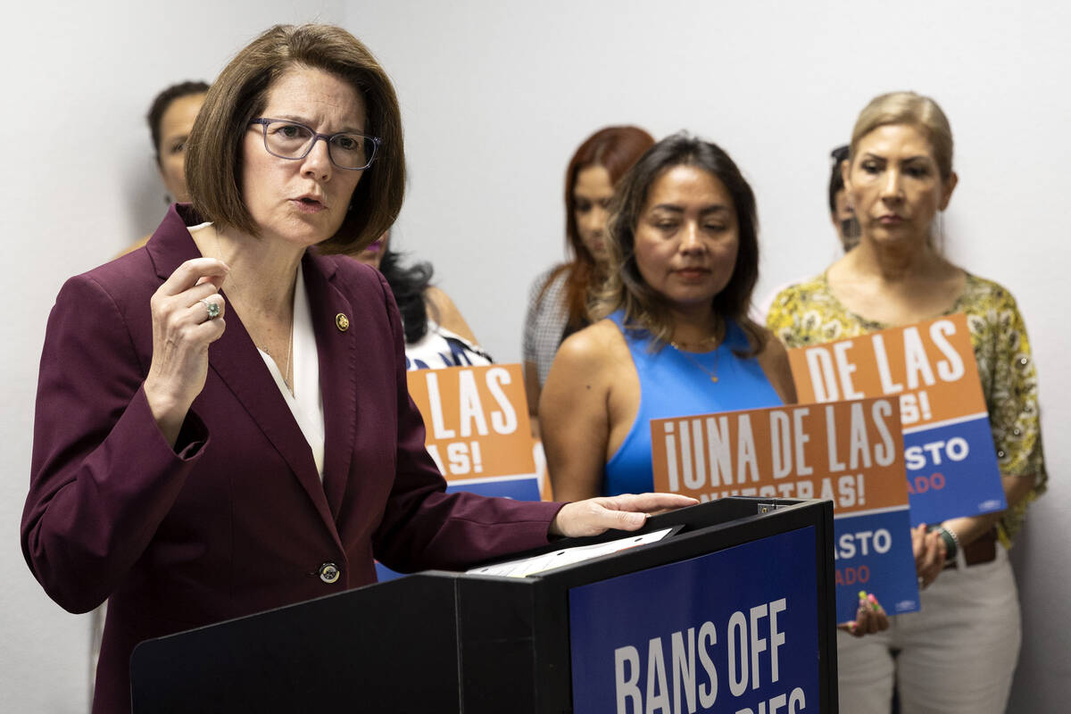 Sen. Catherine Cortez Masto, D-Nev., speaks during a news conference focused on abortion rights ...
