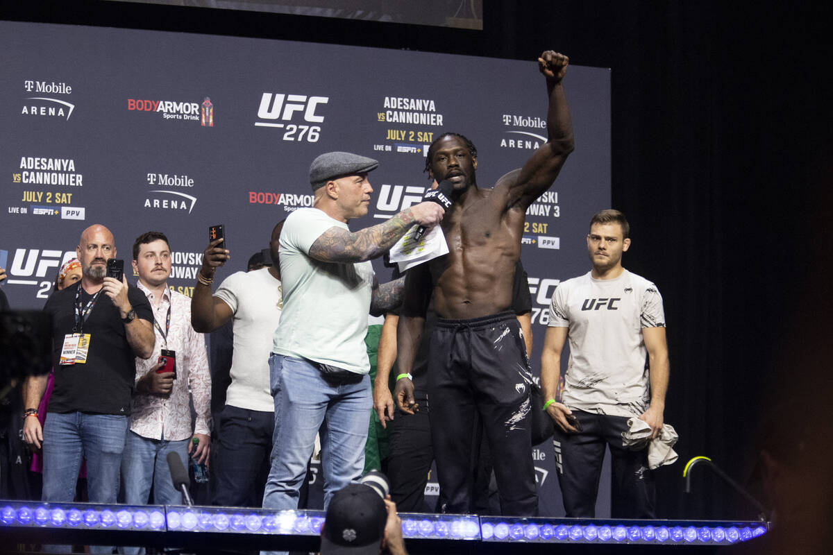 Jared Cannonier is interviewed during an UFC 276 weigh-in event at T-Mobile Arena in Las Vegas, ...