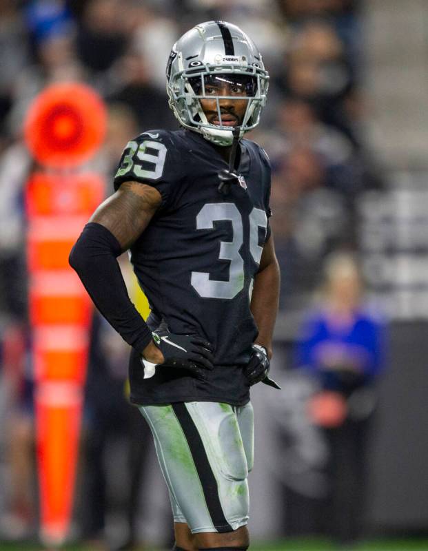Raiders cornerback Nate Hobbs (39) looks on during the first half of an NFL football game again ...
