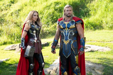This image released by Marvel Studios shows Natalie Portman, left, and Chris Hemsworth in a sce ...