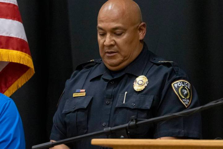 Uvalde schools police Chief Pedro "Pete" Arredondo listens during a news conference a ...