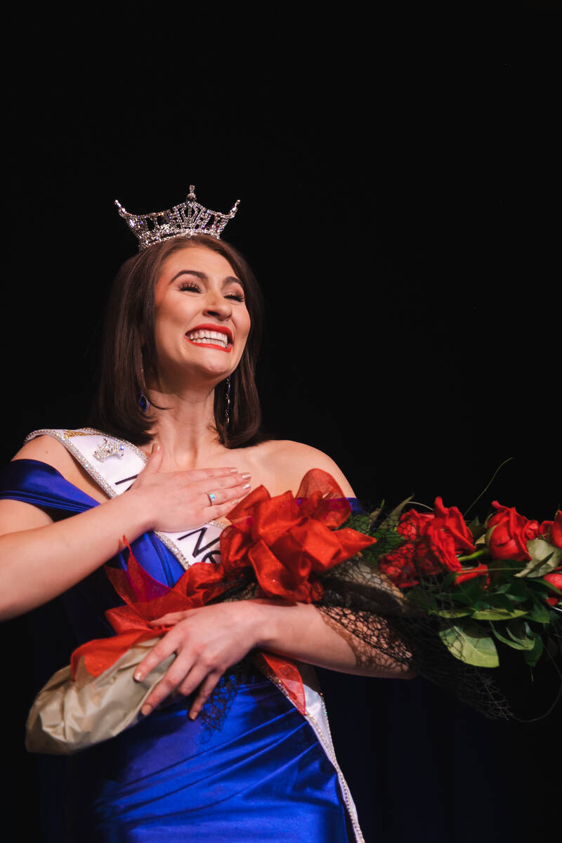 Miss Nevada 2022, Heather Renner reacts, Friday, July 1, 2022, at Bally’s Lake Tahoe after sh ...