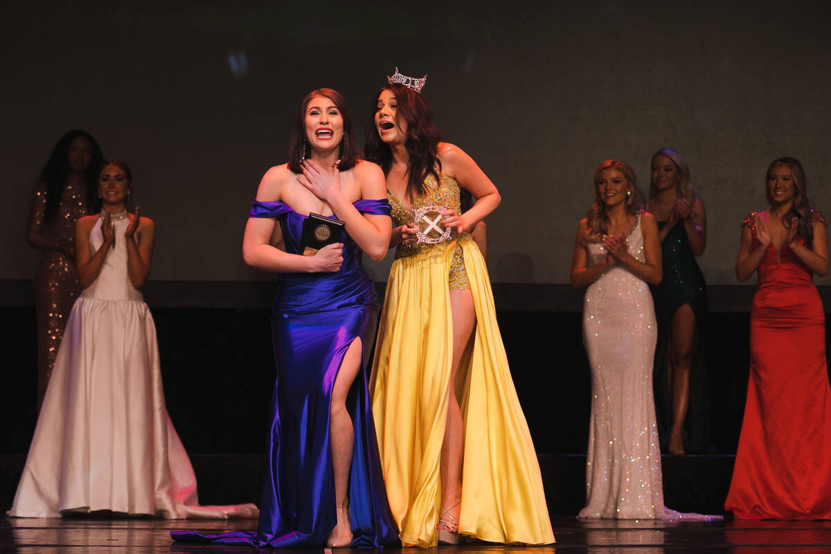 Heather Renner, left, and Miss Nevada 2021, Macie Tuell, right, react as Renner was named Miss ...
