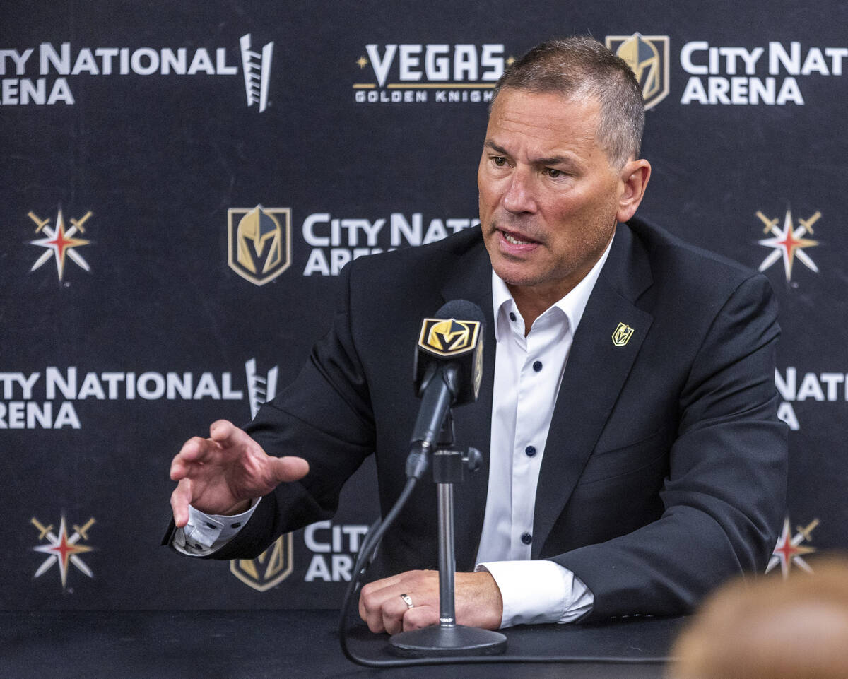 New Golden Knights head coach Bruce Cassidy speaks at a press conference as he's introduced to ...