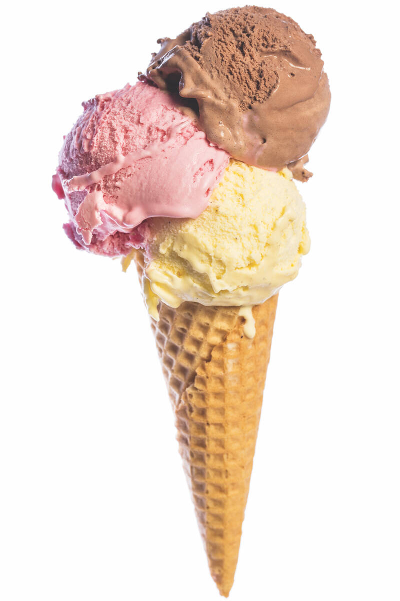 front view of real edible ice cream cone with 3 different scoops of ice cream (vanilla, chocola ...