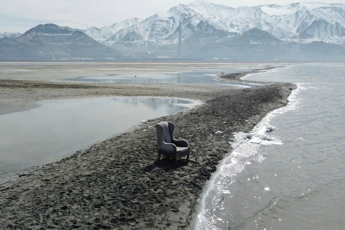 A chair sits on an exposed sand bar on the southern shore of the Great Salt Lake on March 3, 20 ...