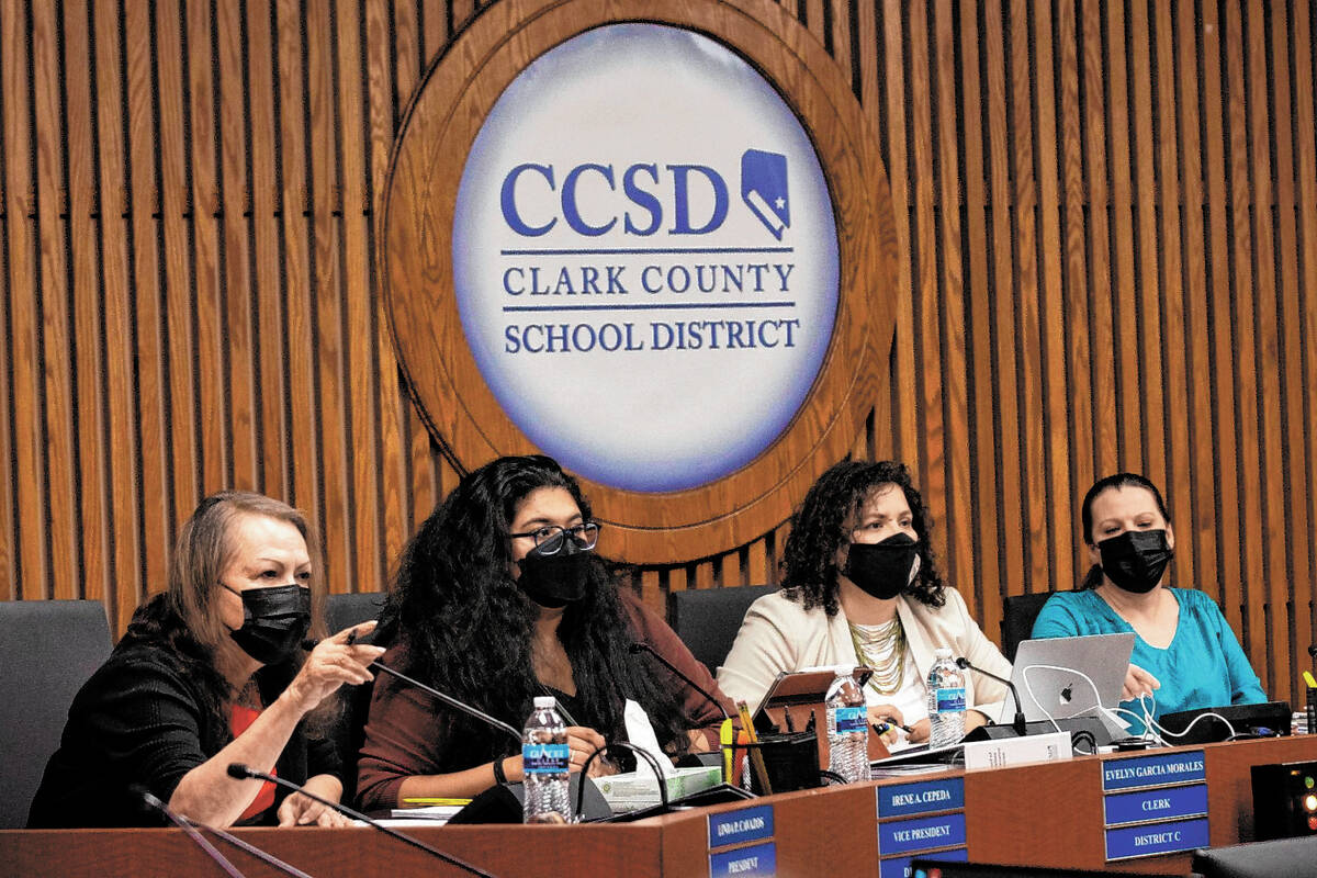 Clark County School District Board of Trustees President Linda Cavazos, left, speaks as Vice Pr ...