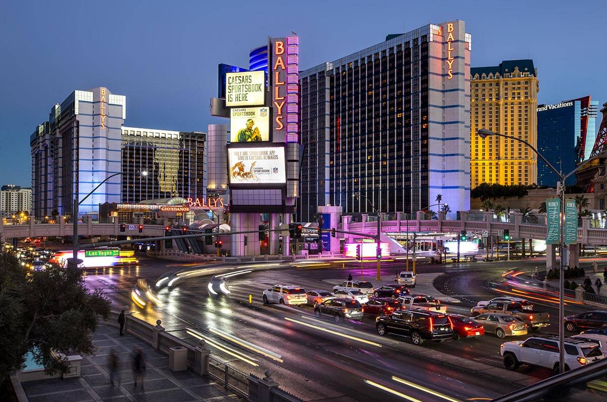 Cars stream along East Flamingo Road near the exterior of Bally’s Las Vegas which will b ...
