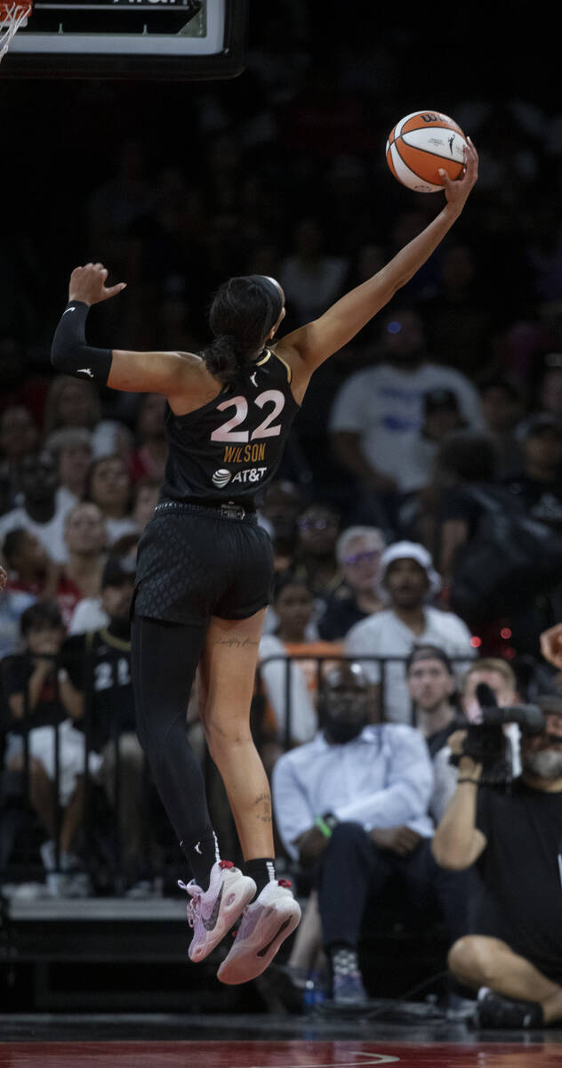 Las Vegas Aces forward A'ja Wilson (22) grabs a rebound during the game against the New York Li ...