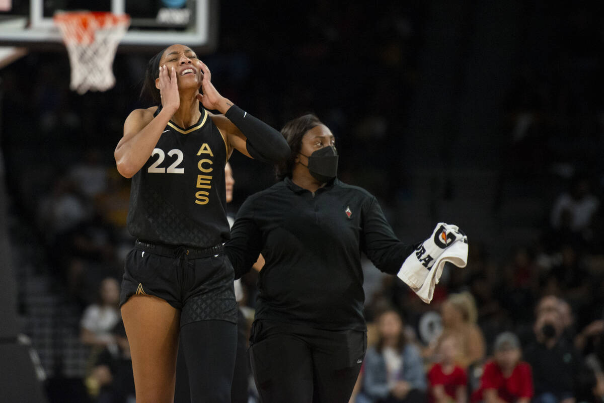 Las Vegas Aces forward A'ja Wilson (22) comes off the court during the game against the New Yor ...