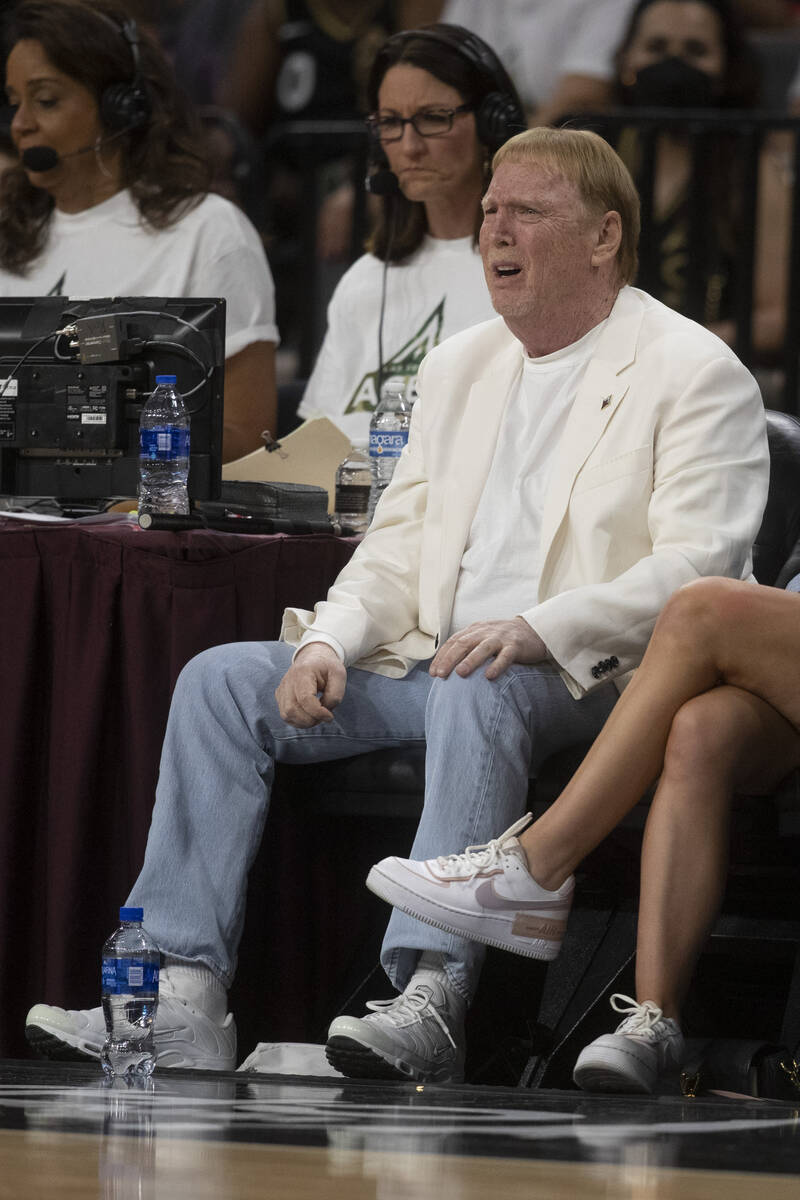 Las Vegas Raiders owner Mark Davis reacts to the Las Vegas Aces game against the New York Liber ...