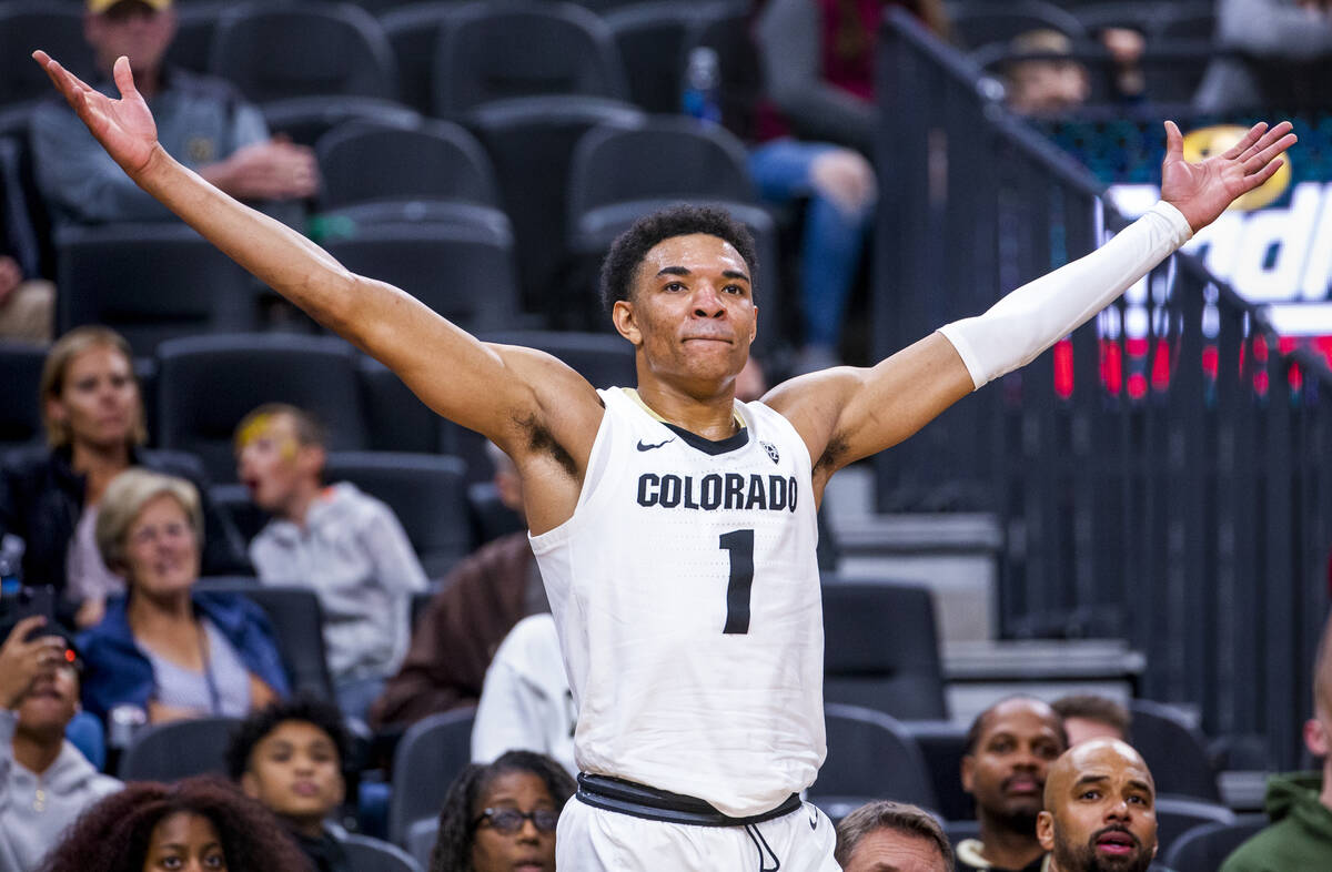 Colorado guard Tyler Bey (1) celebrates another score over Wyoming during the second half of th ...