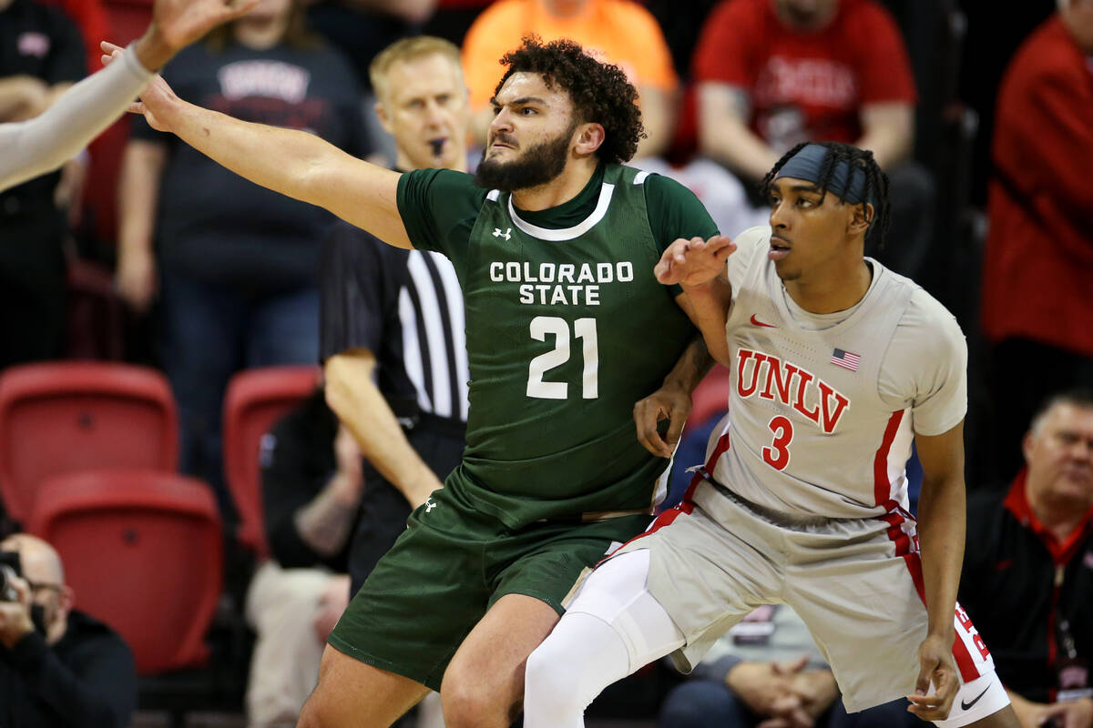 UNLV’s Kendle Moore (3) defends against Colorado State’s David Roddy (21) in the ...