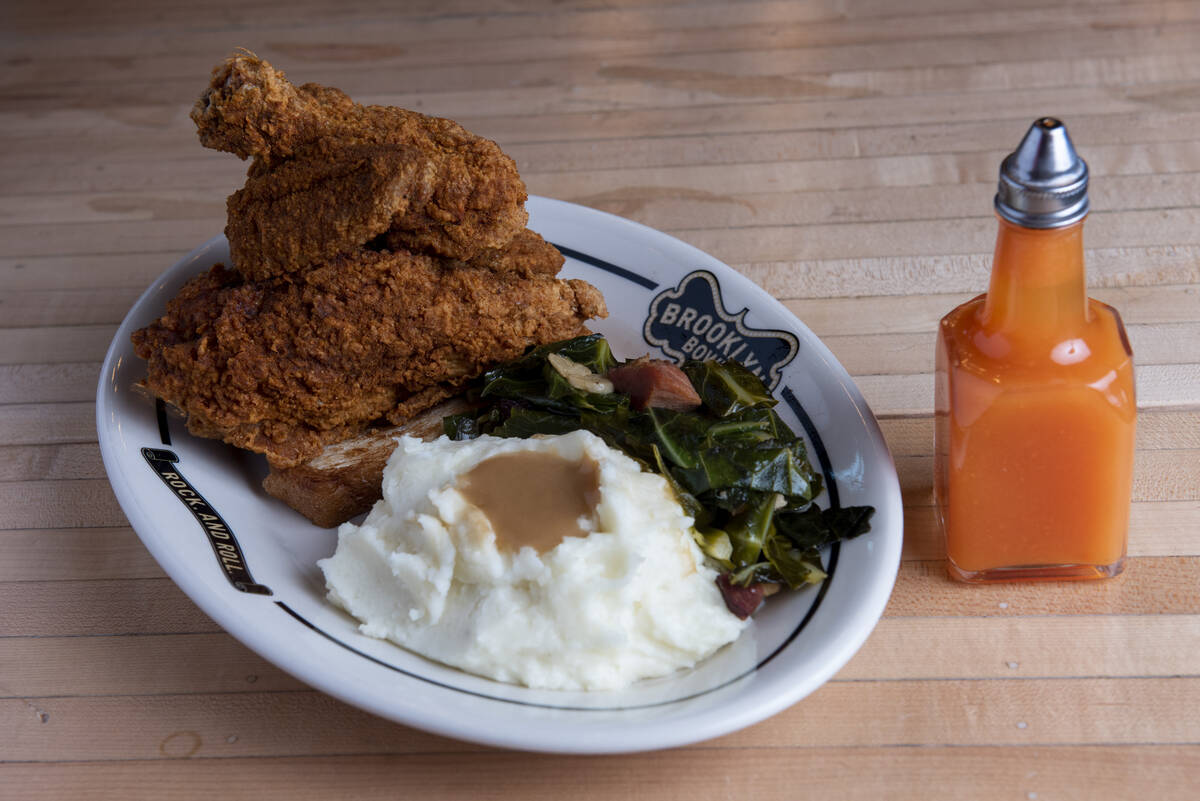 The fried chicken dinner at Brooklyn Bowl on Friday, July 8, 2022, in Las Vegas. (Steel Brooks/ ...