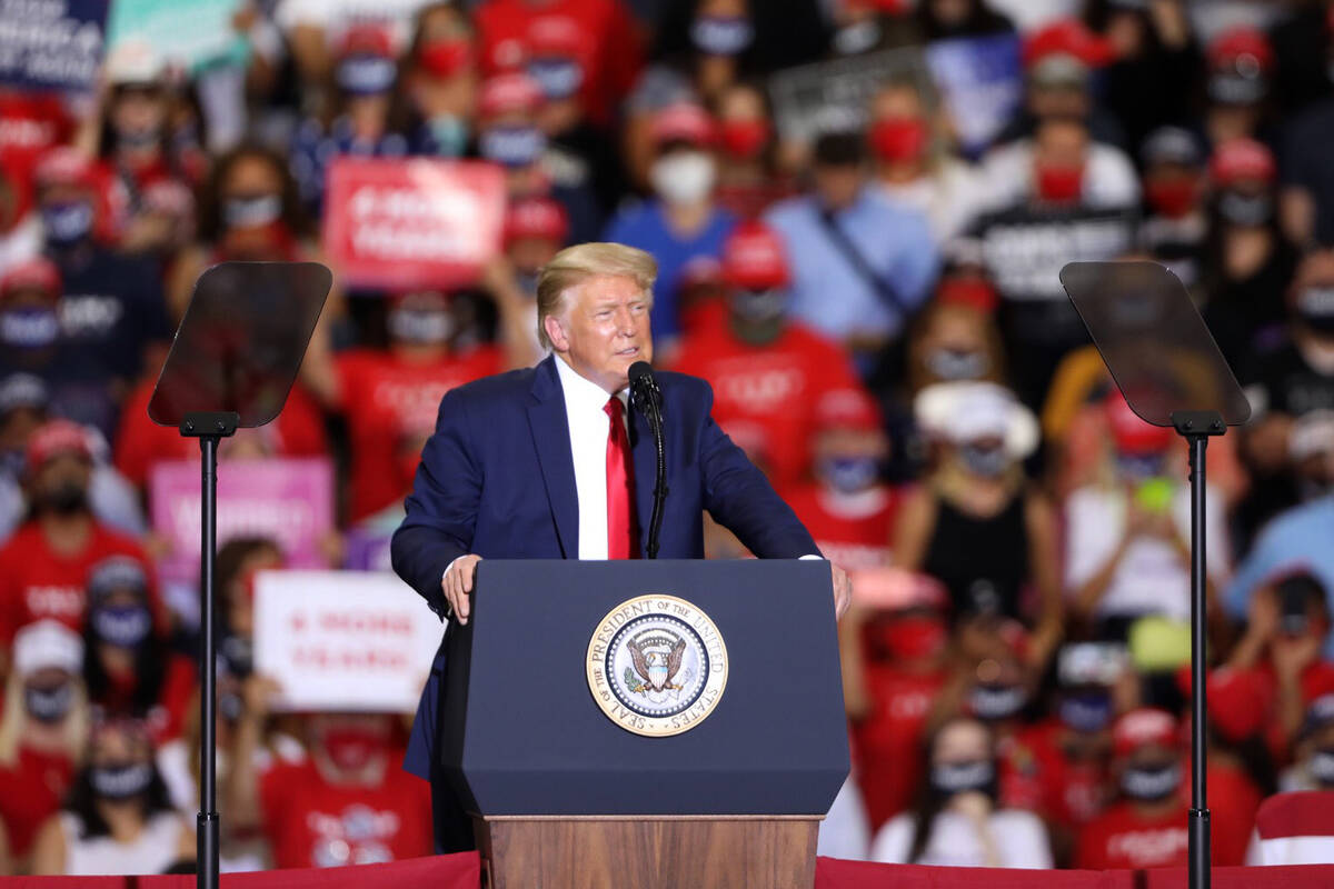 President Donald Trump speaks during a rally at Xtreme Manufacturing on Sunday, Sept. 13, 2020, ...