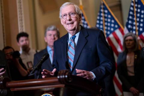 Senate Minority Leader Mitch McConnell, R-Ky., speaks with reporters following a closed-door po ...