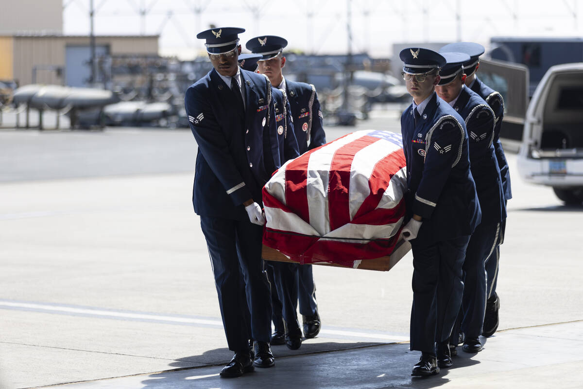 Members of the Nellis Air Force Base honor guard carry the casket of Brooklynn Fellure, a veter ...