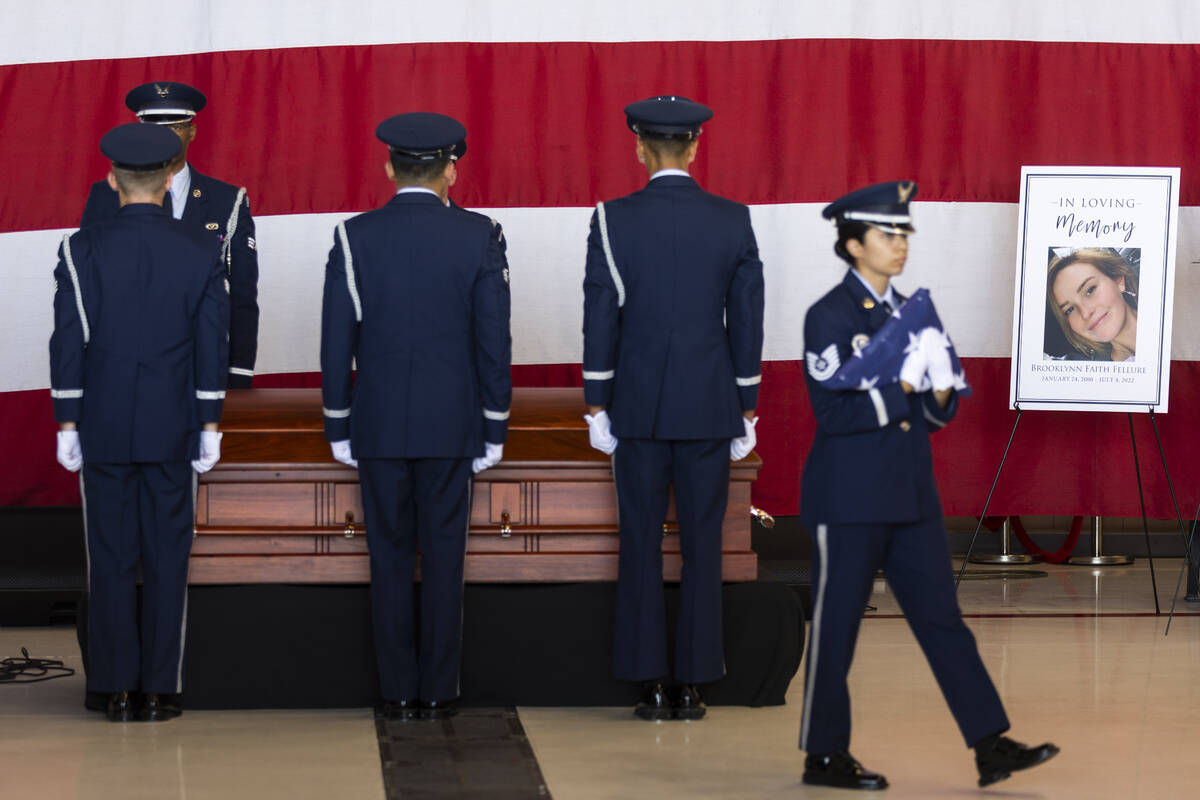 Members of the Nellis Air Force Base honor guard present the American flag to the family of Bro ...