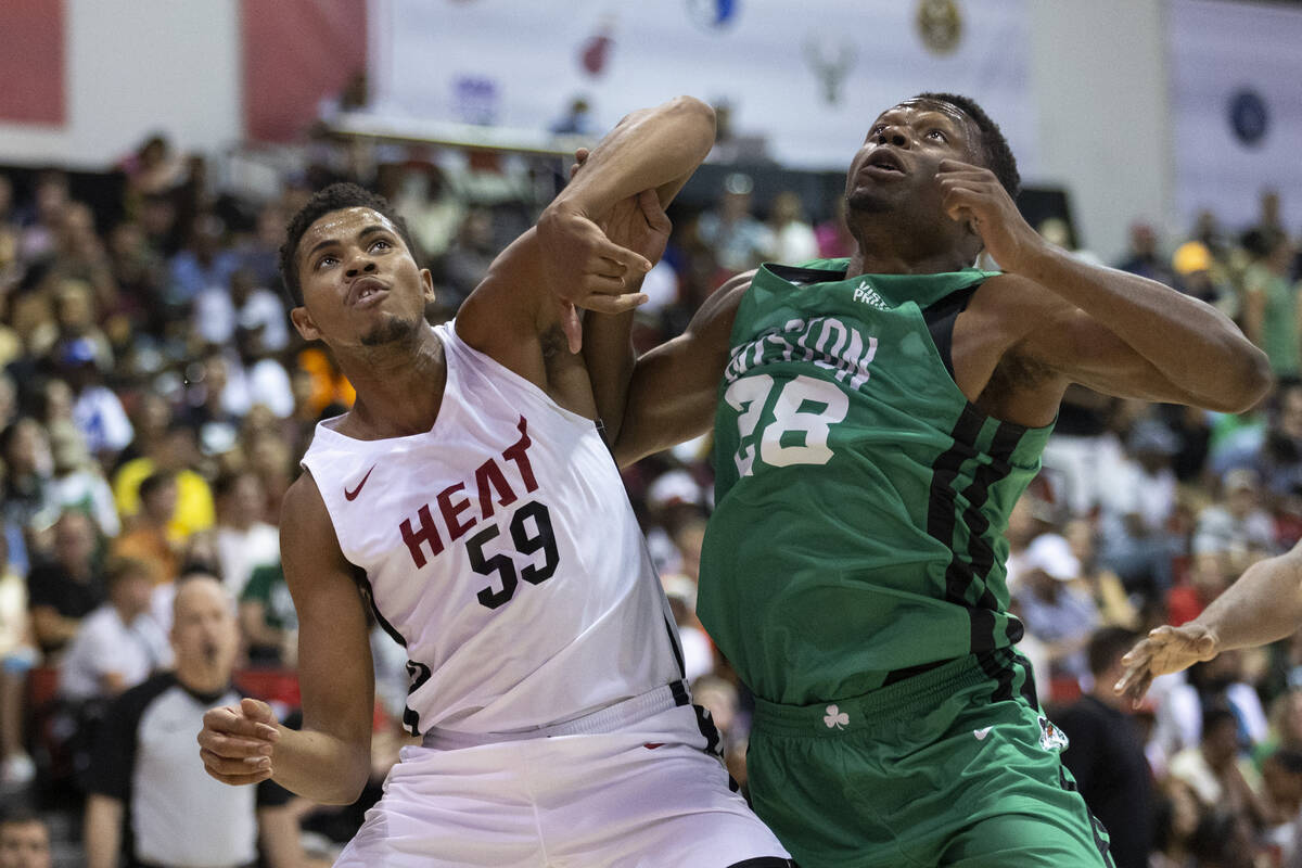 Miami Heat's Orlando Robinson (59) defends against Boston Celtics' Mfiondu Kabengele (28) in th ...