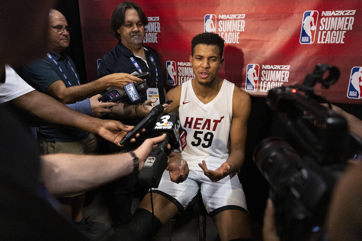 Miami Heat's Orlando Robinson (59) is interviewed following a NBA Summer League basketball game ...