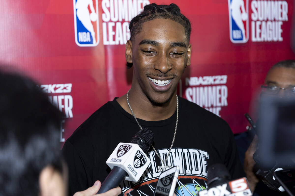 Brooklyn Nets Donovan Williams (88), a former UNLV basketball player, is interviewed following ...