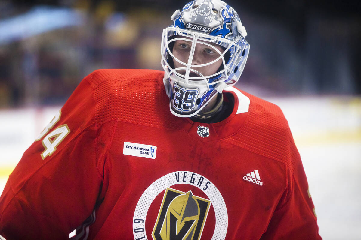Golden Knights Cameron Whitehead (34) takes part in development camp at City National Arena on ...