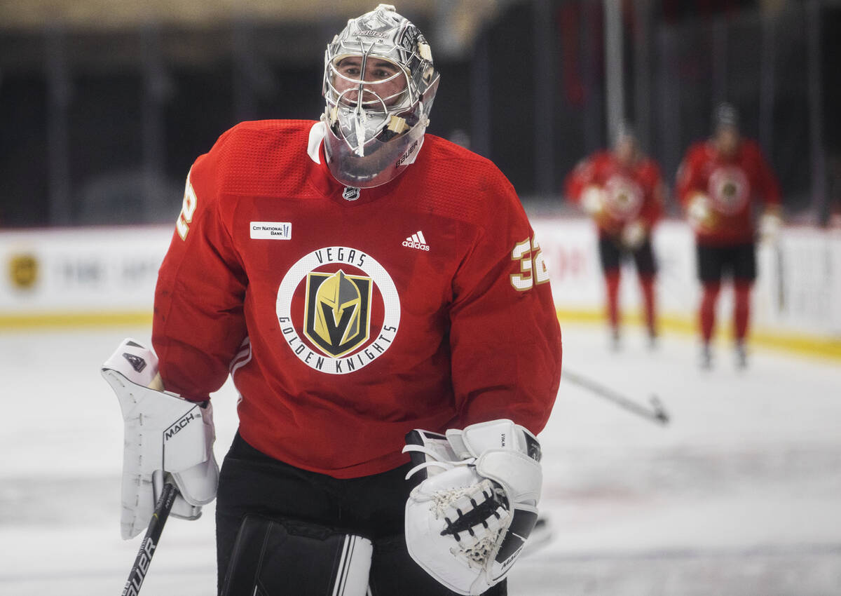 Golden Knights Jesper Vikman (32) takes part in development camp at City National Arena on Mond ...