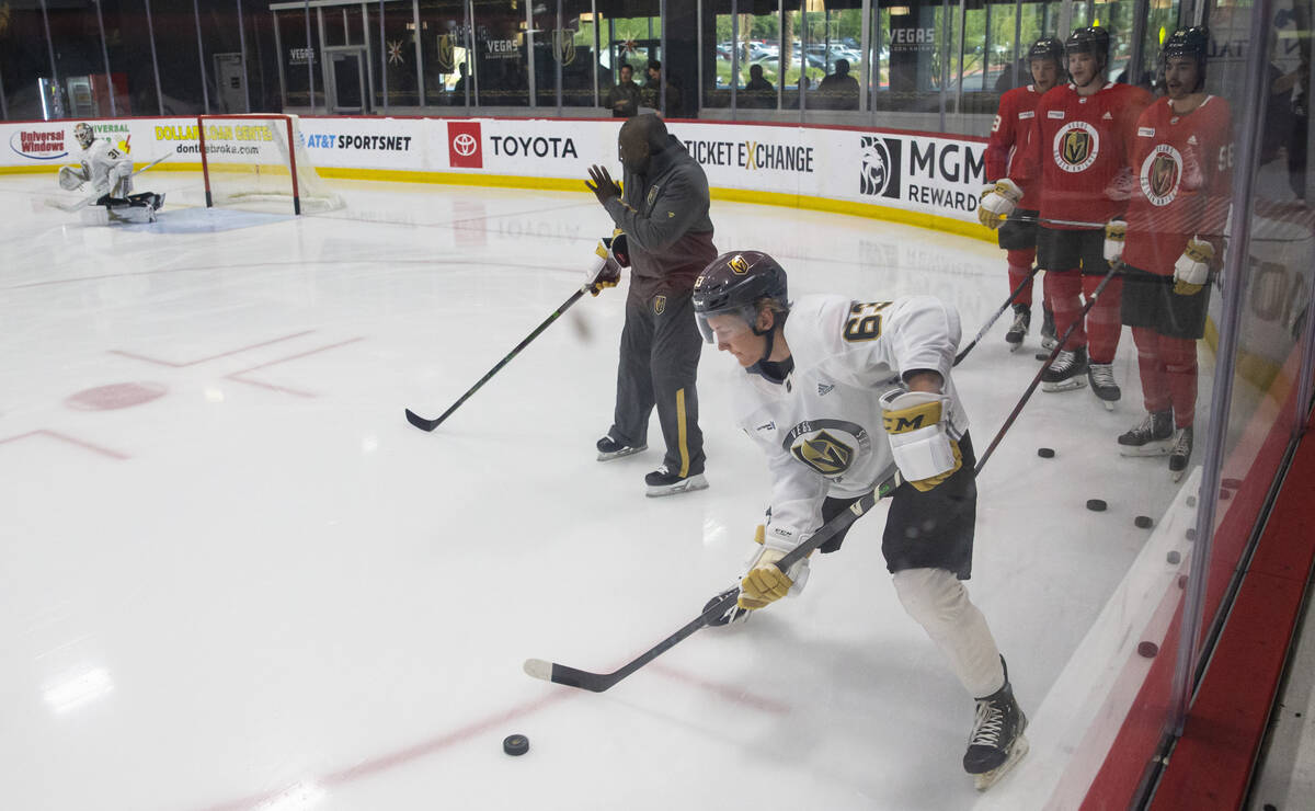 Golden Knights forward Ben Hemmerling skates with the puck during development camp at City Nati ...