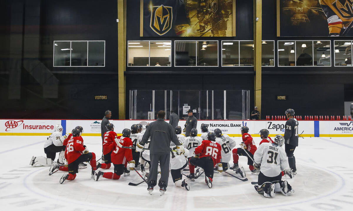 Golden Knights players huddle during development camp at City National Arena on Thursday, July ...