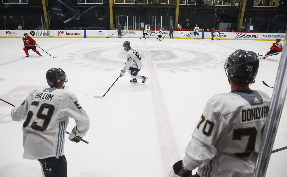 Golden Knights forward Ryan McAllister skates with the puck during development camp at City Nat ...
