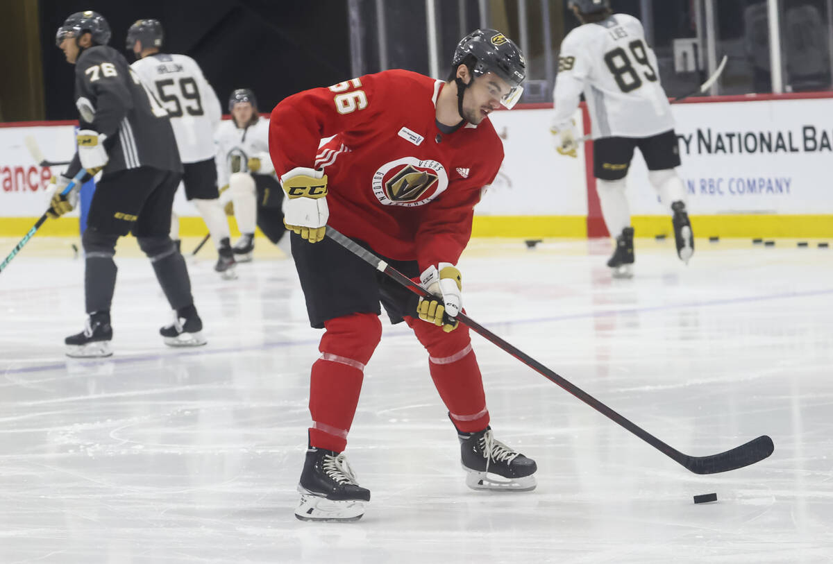 Golden Knights defenseman Artur Cholach looks to shoot the puck during development camp at City ...