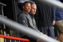 Golden Knights head coach Bruce Cassidy, left, looks on during development camp at City Nationa ...