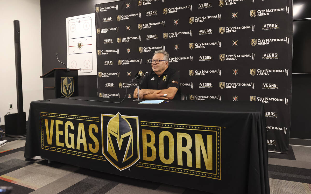 Golden Knights general manager Kelly McCrimmon speaks with members of the media at City Nationa ...
