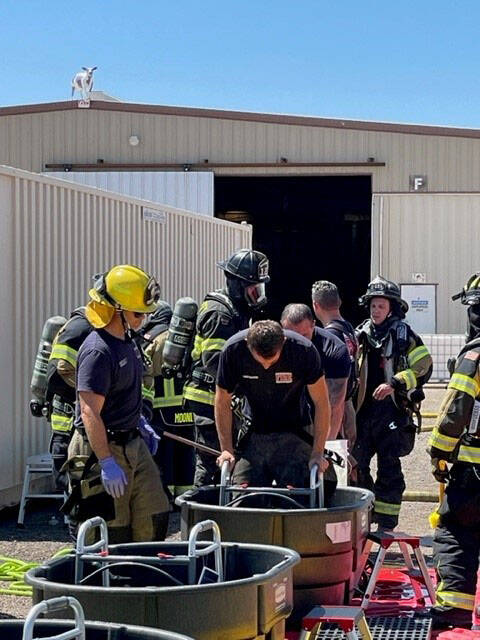 Crews respond to an explosion Monday, July 11, 2022, at the Armorock Polymer Concrete building ...