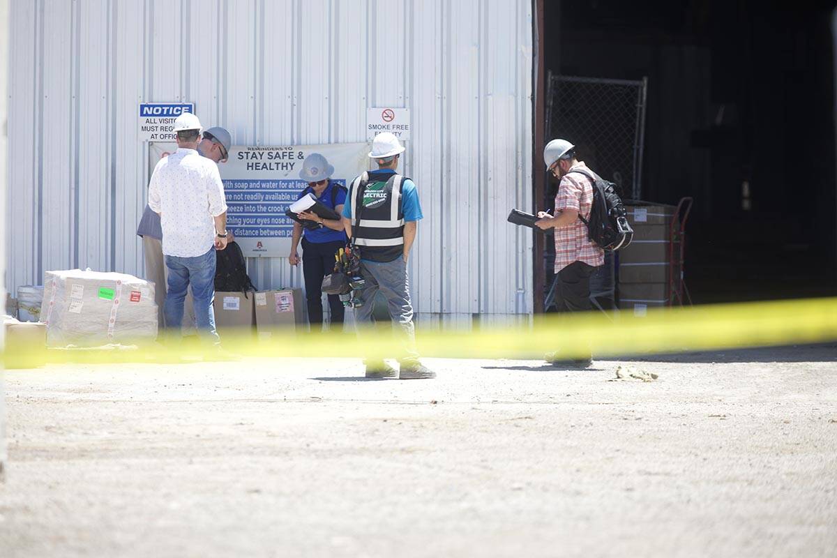 An explosion at Armorock Polymer Concrete is investigated Monday, July 11, 2022, in Boulder Cit ...