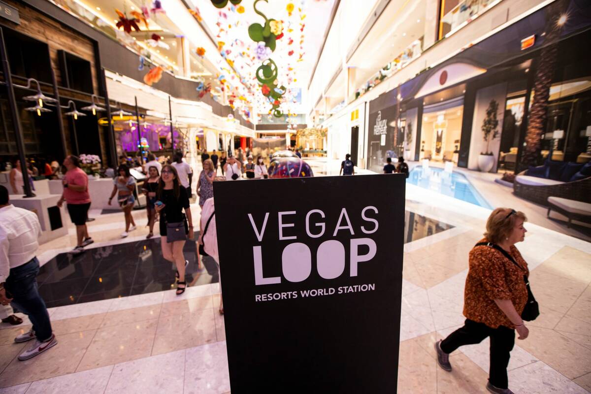 Signage for the Vegas Loop at the Boring tunnel passenger station at Resorts World Las Vegas on ...