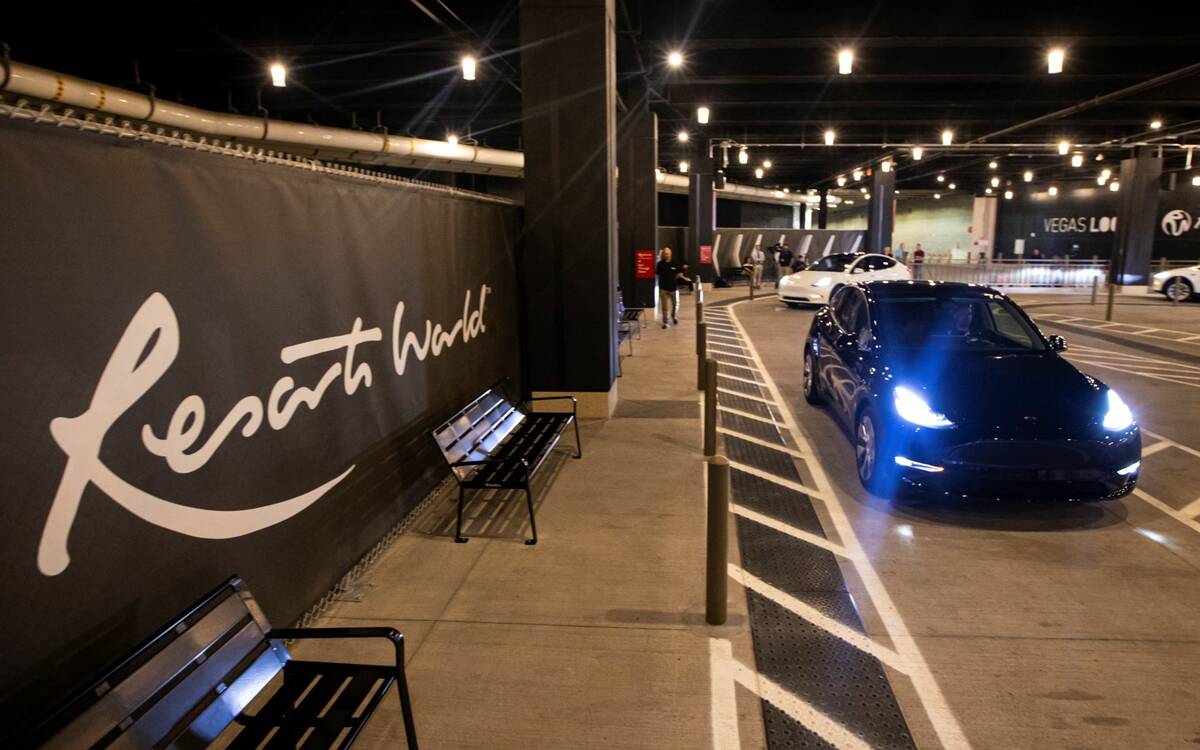 Vegas Loop Teslas arrive at the Boring tunnel passenger station at Resorts World Las Vegas on M ...