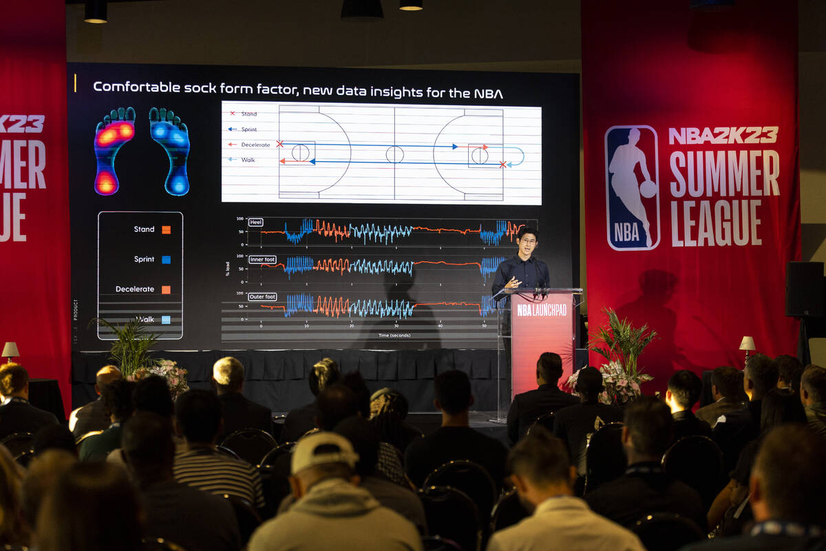 Dr. George Sun, CEO of Nextiles, speaks during an NBA basketball strategy and analytics present ...