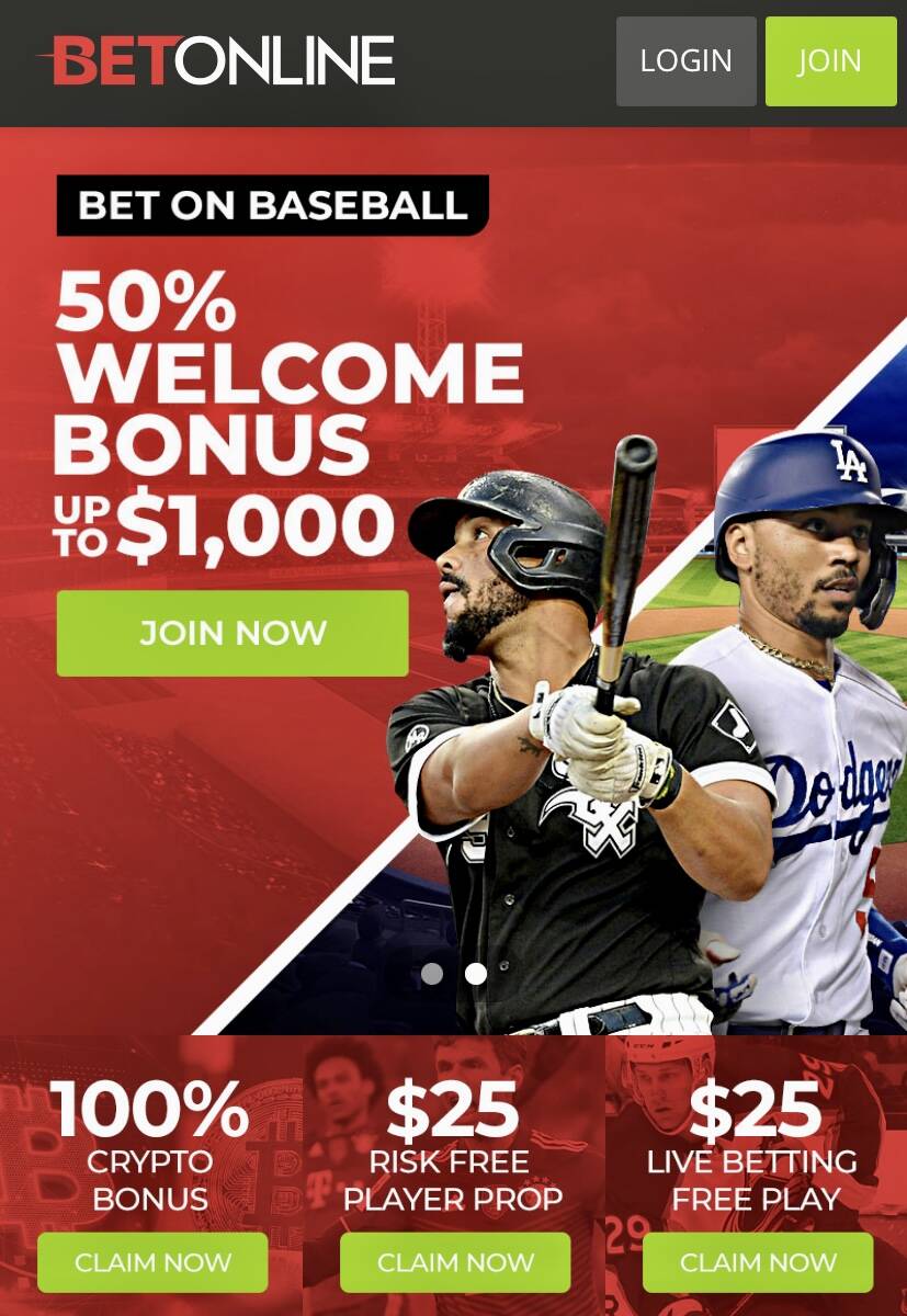 The homepage for the offshore sportsbook BetOnline is seen in a smartphone screenshot. (Jim Bar ...