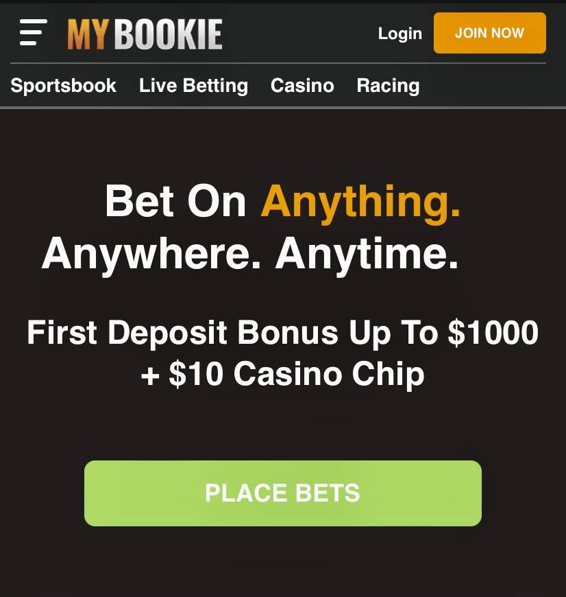 The homepage for the offshore sportsbook MyBookie is seen in a smartphone screenshot. (Jim Barn ...