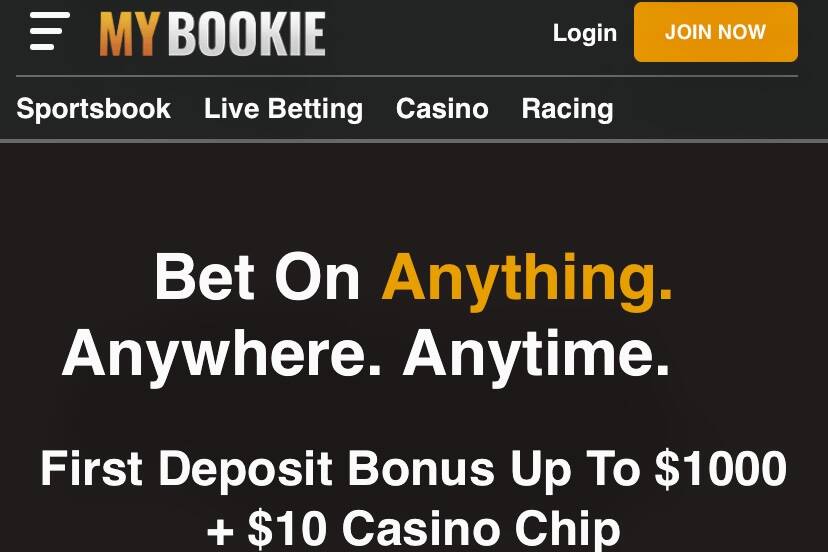 The homepage for the offshore sportsbook MyBookie is seen in a smartphone screenshot. (Jim Barn ...