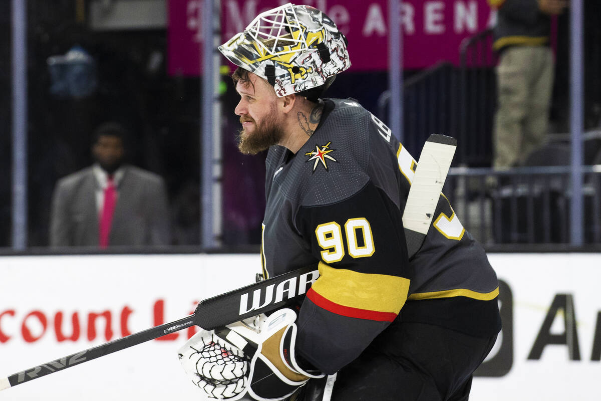 Golden Knights goaltender Robin Lehner (90) leaves the ice at the end of the second period duri ...
