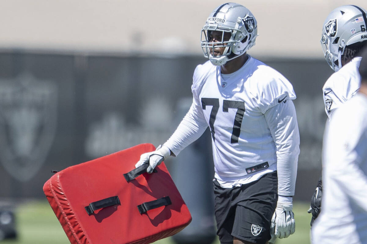 Raiders offensive tackle Thayer Munford (77) prepares to drill during the team’s mandato ...
