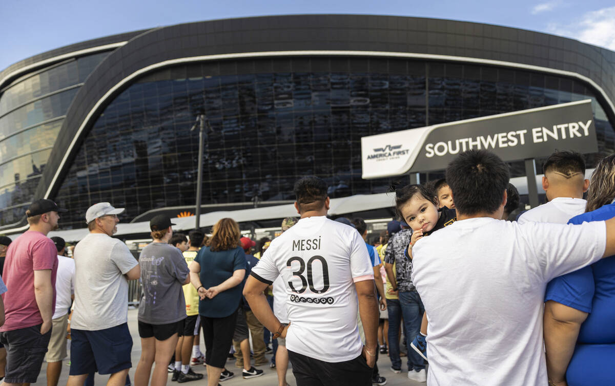 Fans outside of Allegiant Stadium before the start of a soccer game between Chelsea and Club Am ...