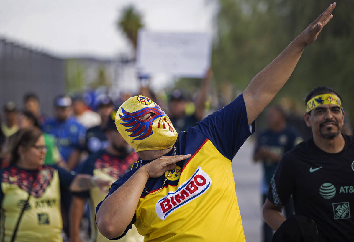 Club América fans outside Allegiant Stadium before the start of a soccer game against Chel ...