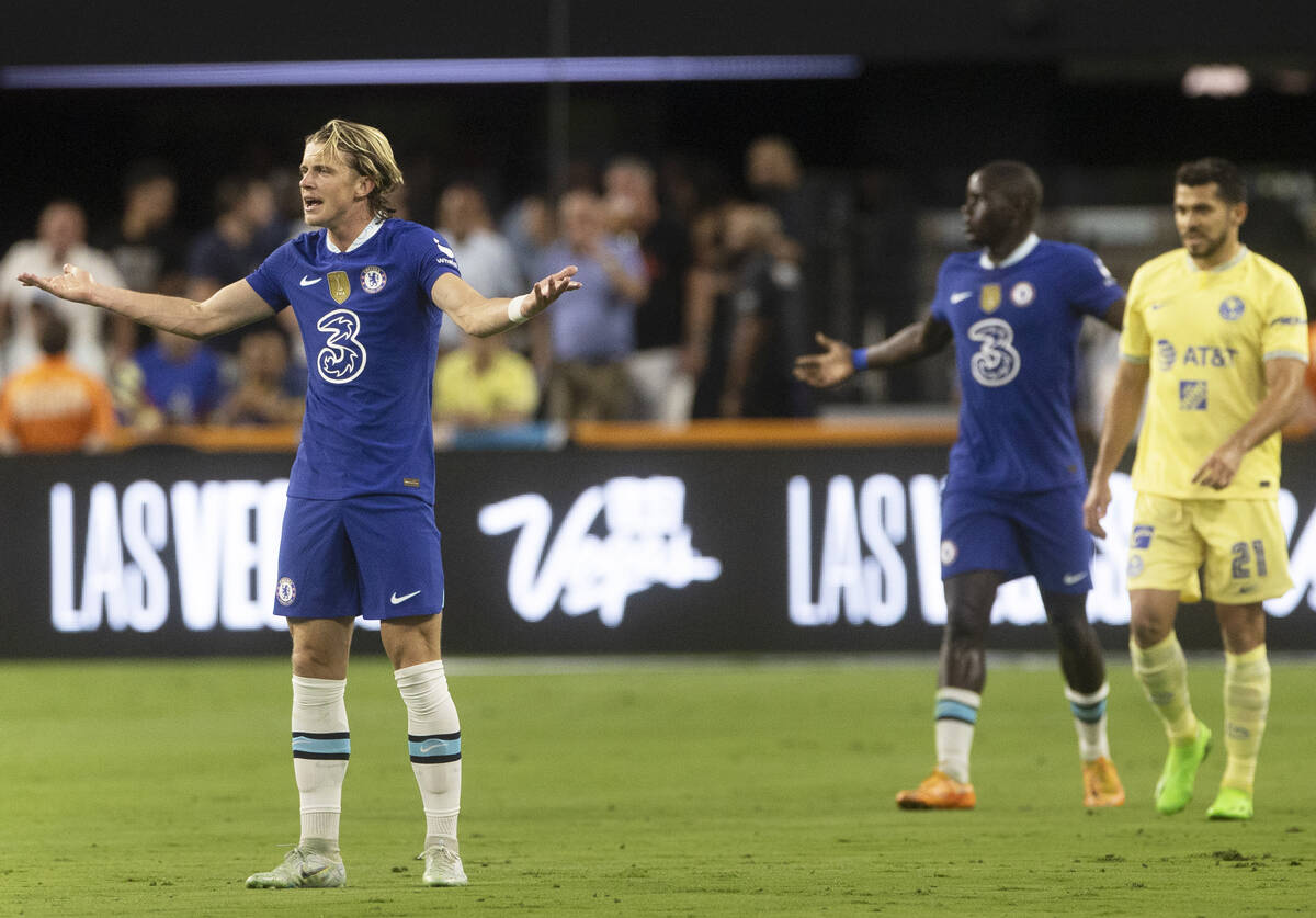 Chelsea’s Connor Gallagher (38) argues a call during a soccer game against Club Amé ...