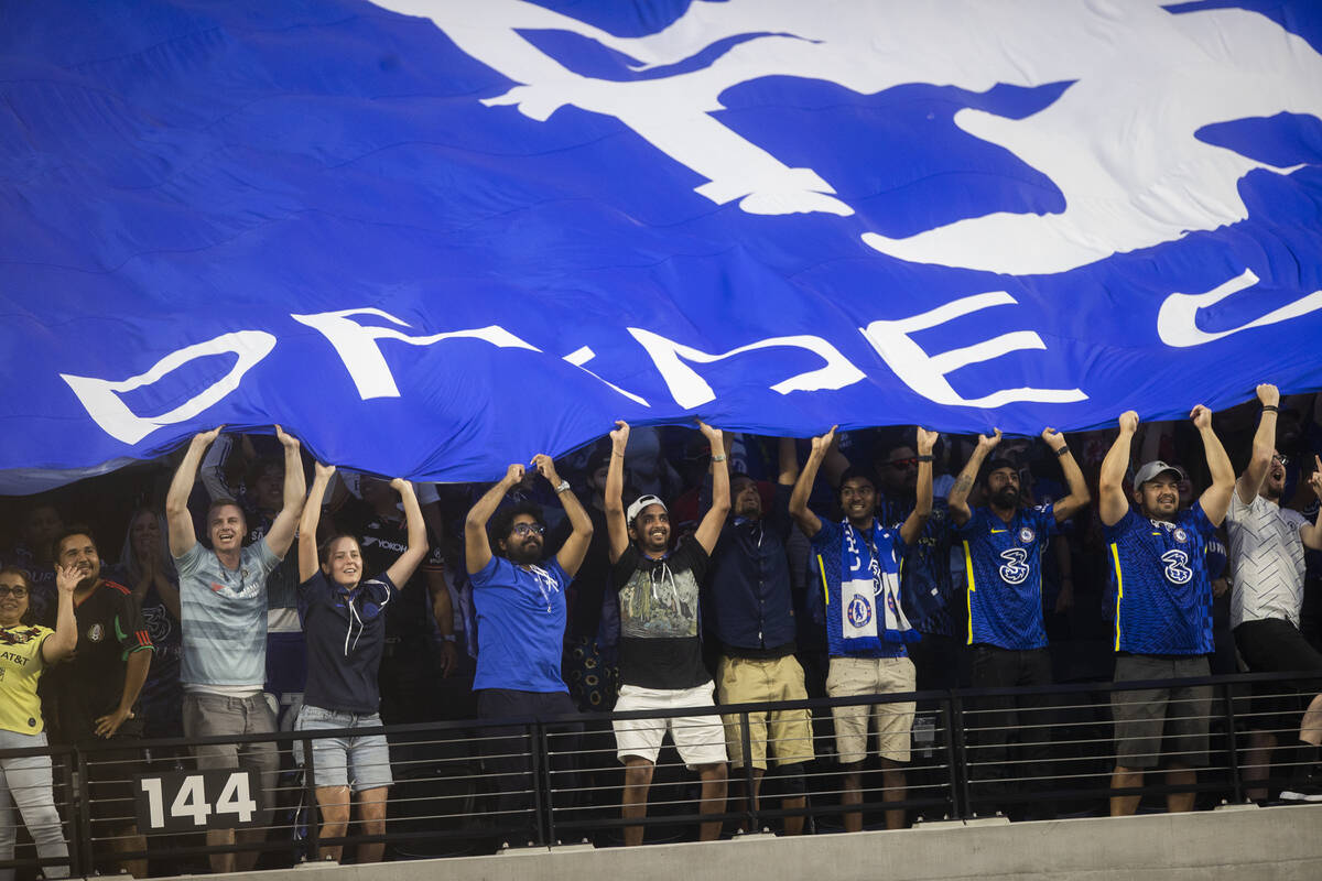 Chelsea fans cheer during a soccer game at Allegiant Stadium against Club América on Satur ...